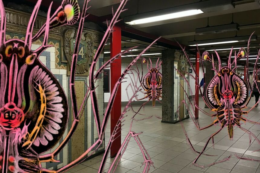 Three dimensional augmented reality spores as part of a virtual game experience within the 14th St./Union Square station of the New York City subway system.