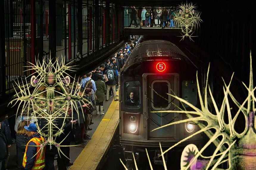 Three dimensional augmented reality spores as part of a virtual game experience within the 14th St./Union Square station of the New York City subway system.