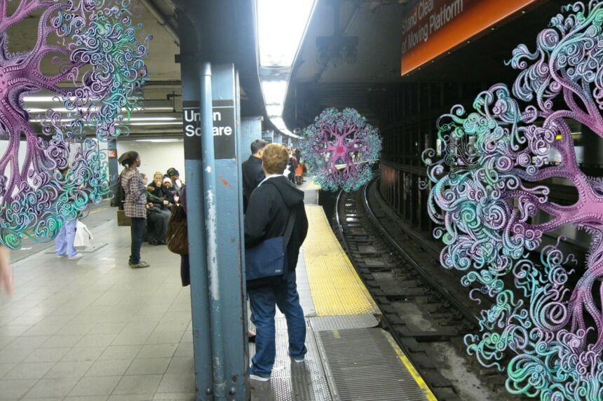 Three dimensional augmented reality spores as part of a virtual game experience within the 14th St./Union Square station of the New York City subway system.