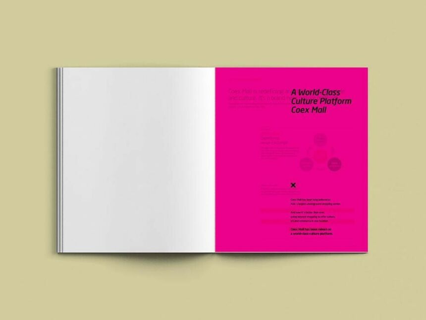 Magazine page layout design with black text onto a semi-transparent hot pink background.