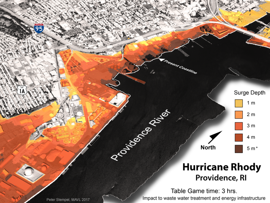 Time incremented visualization depicting combined effects of storm surge, river flooding, and infrastructure failure.