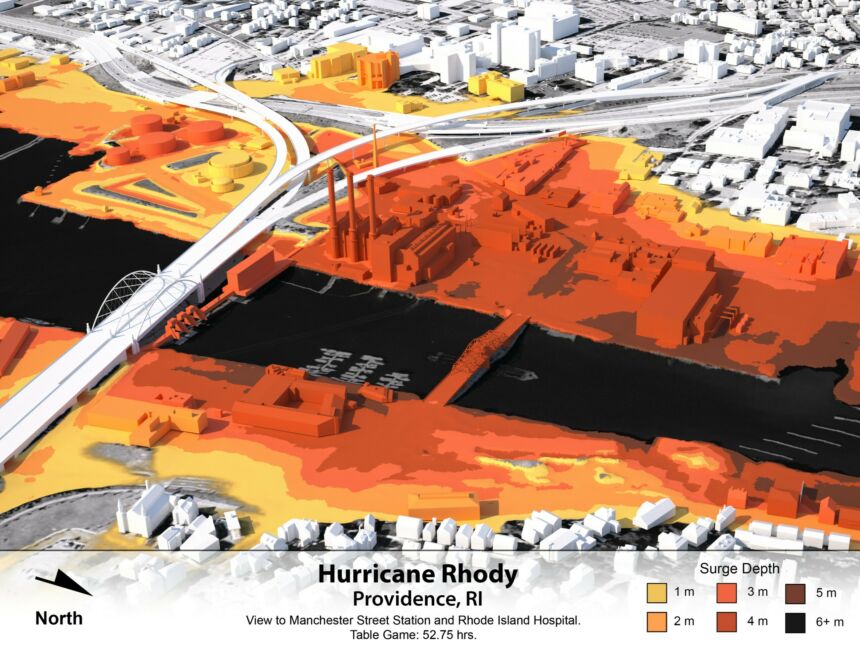 Time incremented visualization depicting combined effects of storm surge, river flooding, and infrastructure failure.