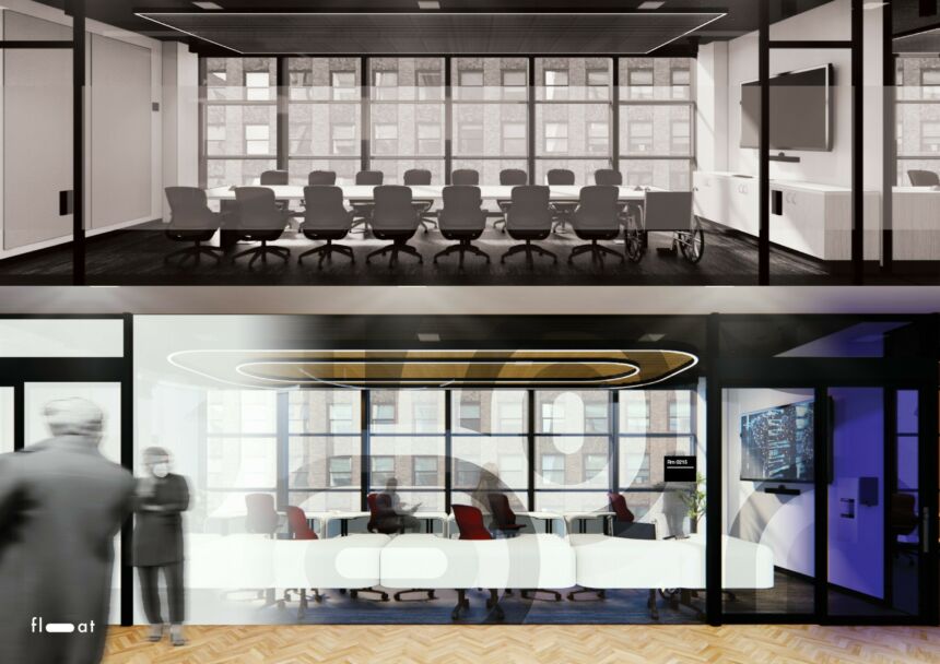 Renderings of post COVID-19 meeting spaces.