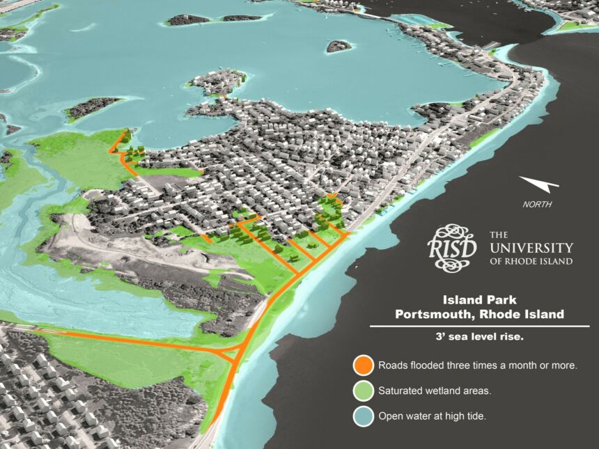 Visualization of Island Park, Portsmouth, Rhode Island showing effects of marsh migration and blocked infrastructure, 2019.