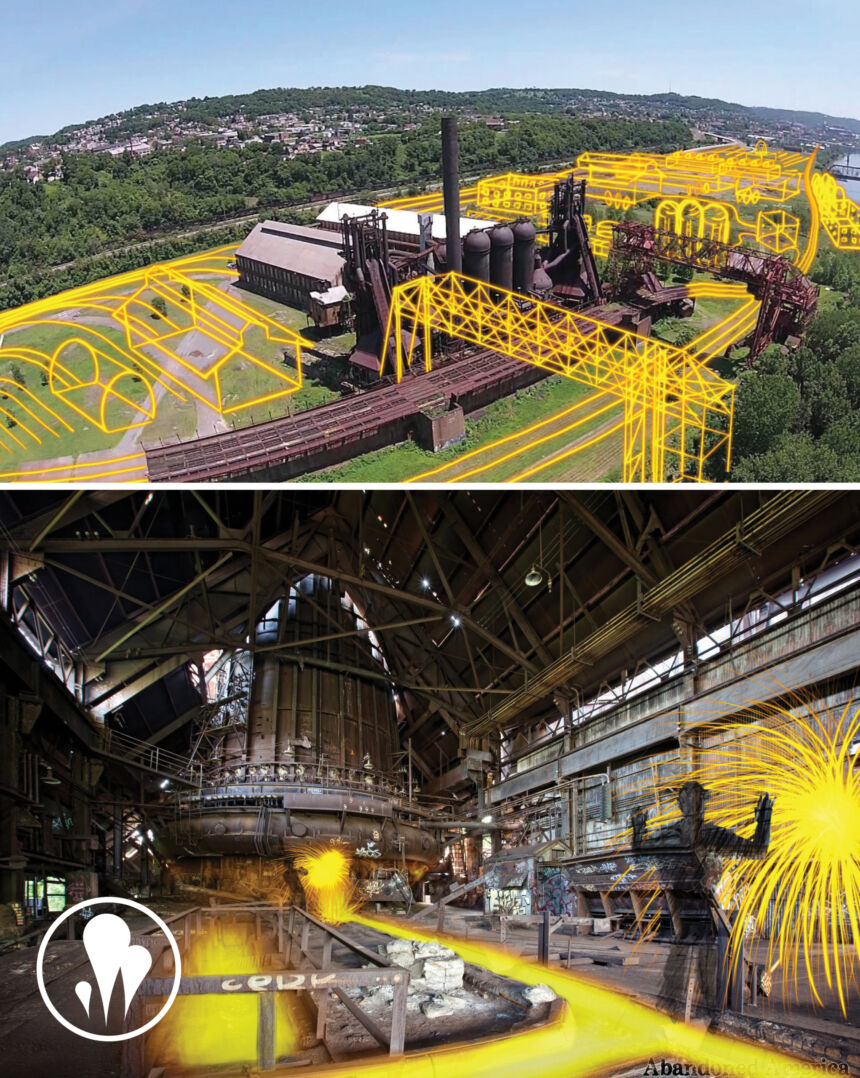 Two renderings showing buildings that are no longer in existence at the Carey Furnace using augmented reality.