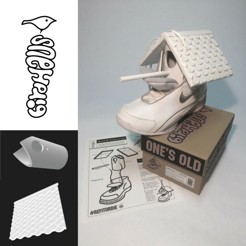 An image showing a sneaker repurposed as a birdhouse next to a black and white logo and crafting instructions.