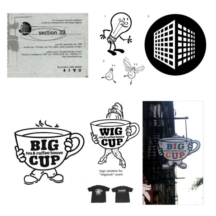 Black and white logo branding for Dumbo Arts Center at top and Big Cup tea & coffee house at bottom.