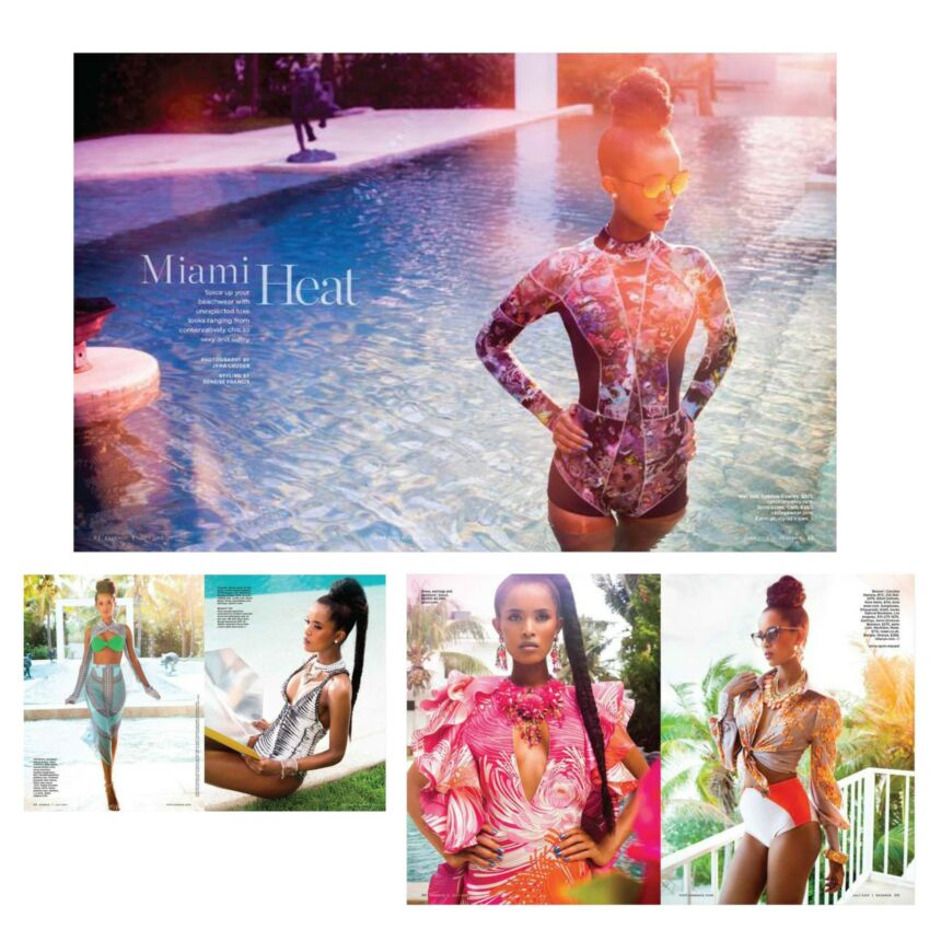 Essenge magazine spread titled Miami Heat featuring Black models in different swim attire around Miami settings.