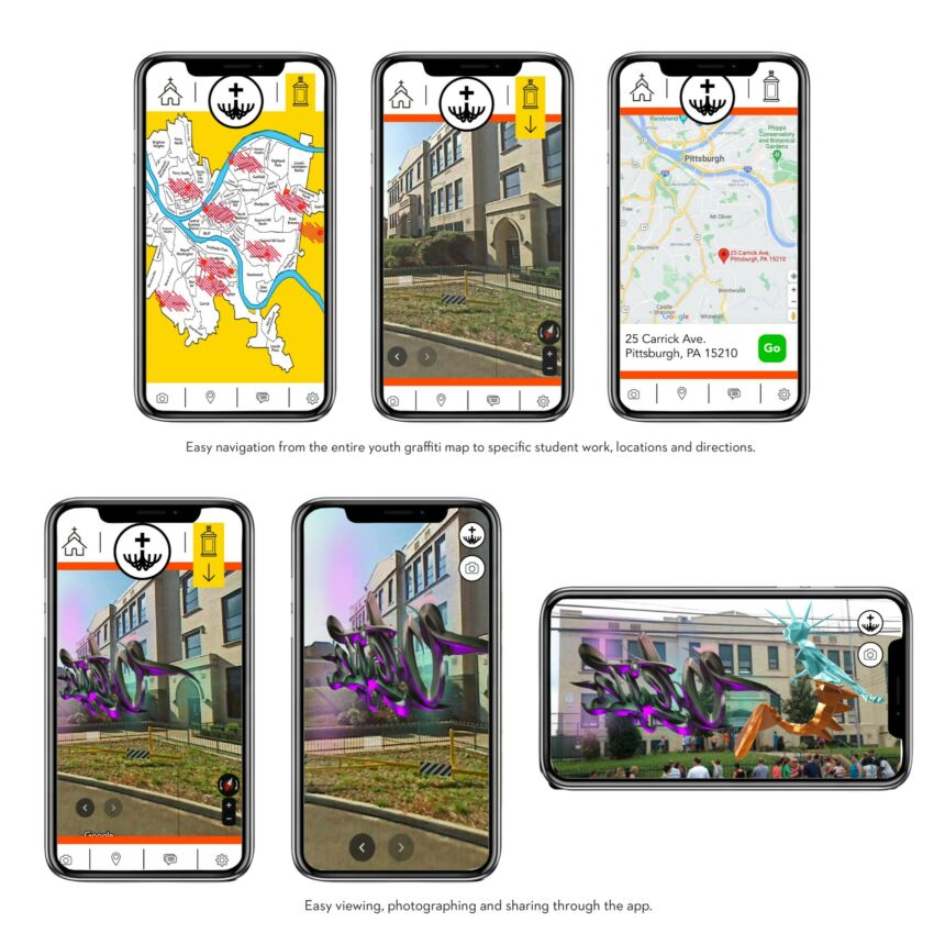 Six smart phone screens showing different views of an app aimed at exploring 3D augmented reality graffiti in Pittsburgh.