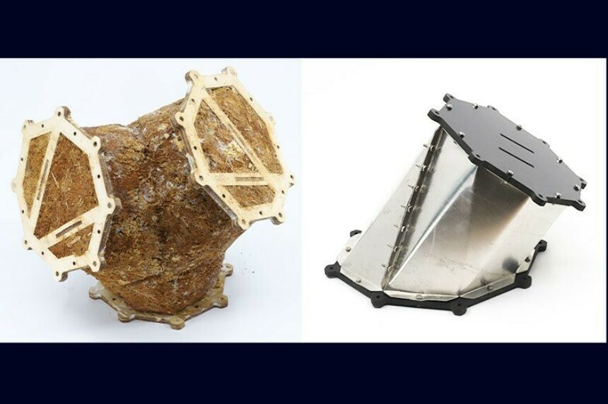 A split-screen image of a structural component made with mycelium at left and a metal component that help comprise the MycoCreate structure.