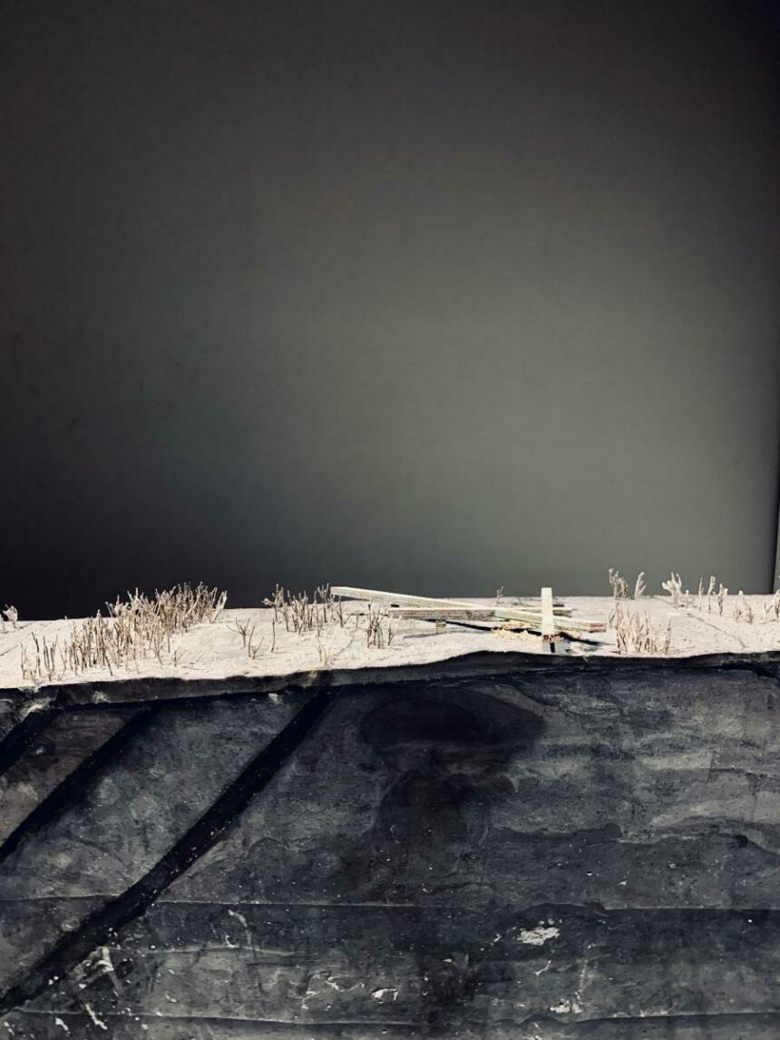 Mixed-media project of a miniature barren desert landscape with dried foliage and a wood structure against a black and grey background.