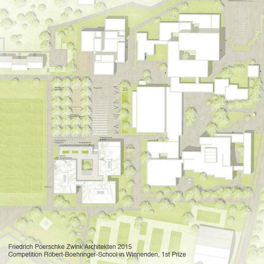 Aerial view illustration of Ute's architectural design for the Robert-Boehringer-School.