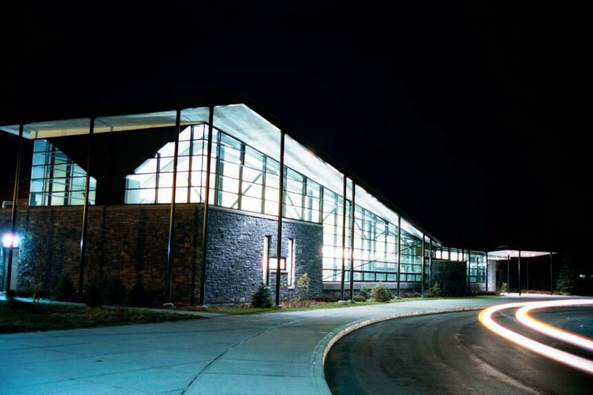 Exterior night shot of a grade school.